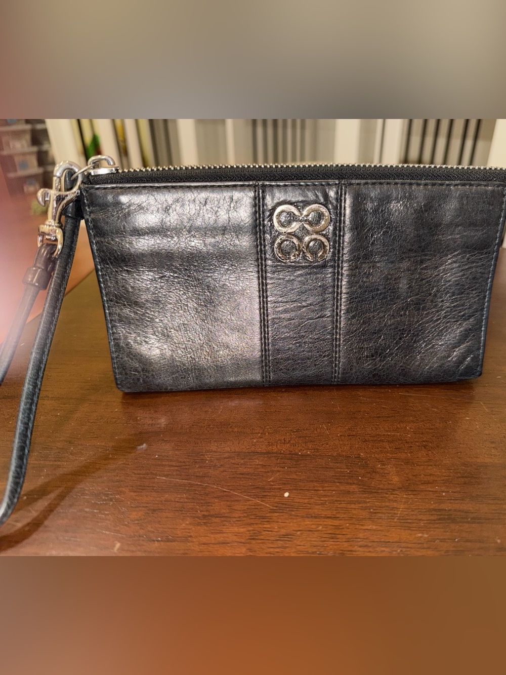 Coach Julia Black Smooth Leather Wristlet Clutch with Silver Logo